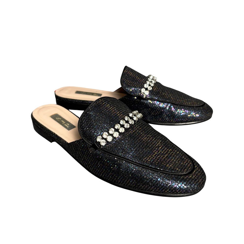SJP Rhinestone Crystal Black Shimmer Mule Loafers Slip On Flats Shoes Womens‎ 40